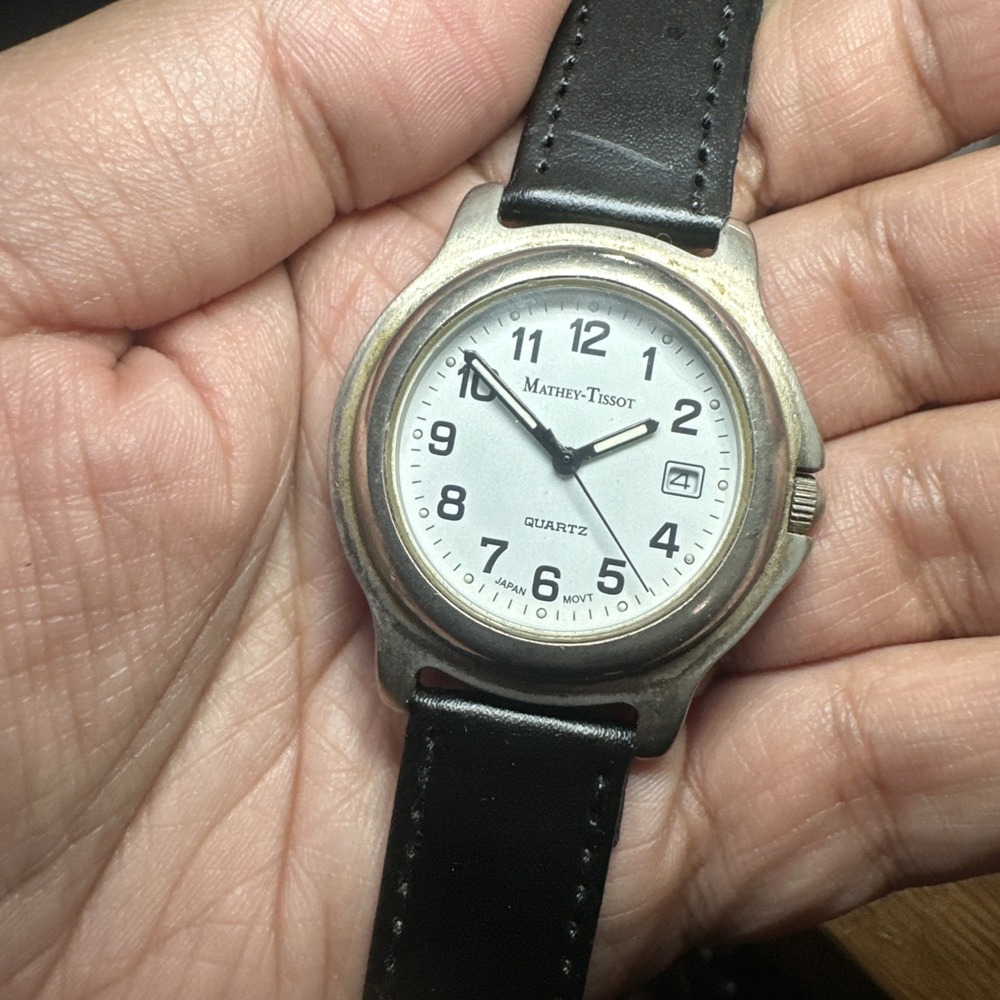Works VTG Mathey-Tissot Miyota 40mm Mens Watch Black Leather Silver Tone Quartz